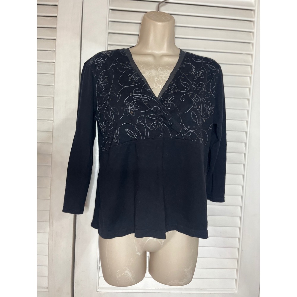 J. Jill Black Embellished Top Floral Embroidery 3/4 Sleeve Blouse